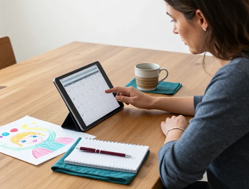Une femme organise le planning quotidien sur sa tablette, entourée d'objets de la vie familiale.