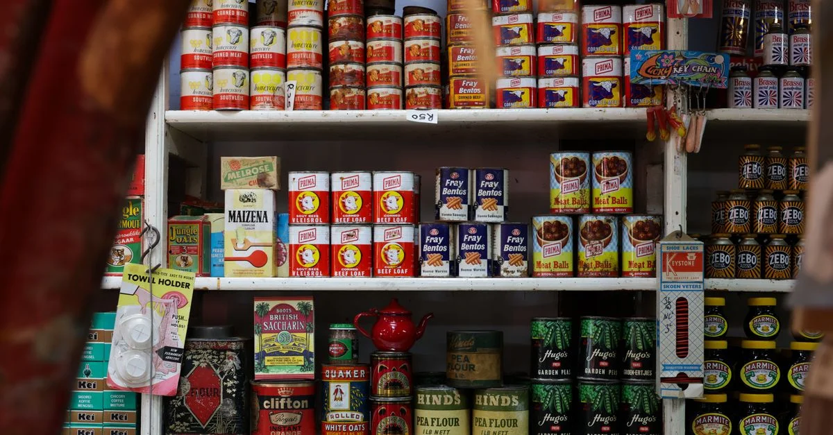 Découvrez des conserves classiques sur des étagères de magasin d'épicerie vintage, mettant en valeur des emballages et des couleurs nostalgiques.