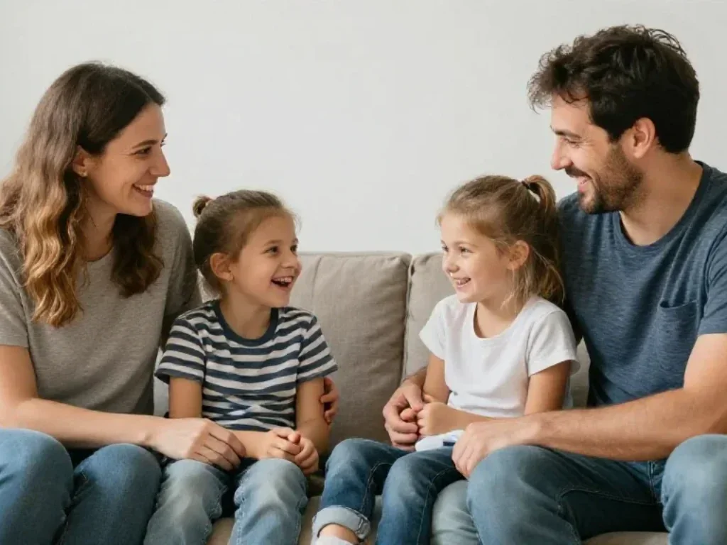 Parents européens et enfants européens partageant un moment de rire spontané dans un salon chaleureux et authentique.